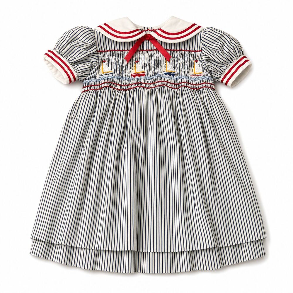 Vintage 1980s Girls Sailor Dress Smocked Nautical Striped Handmade Approx 4T